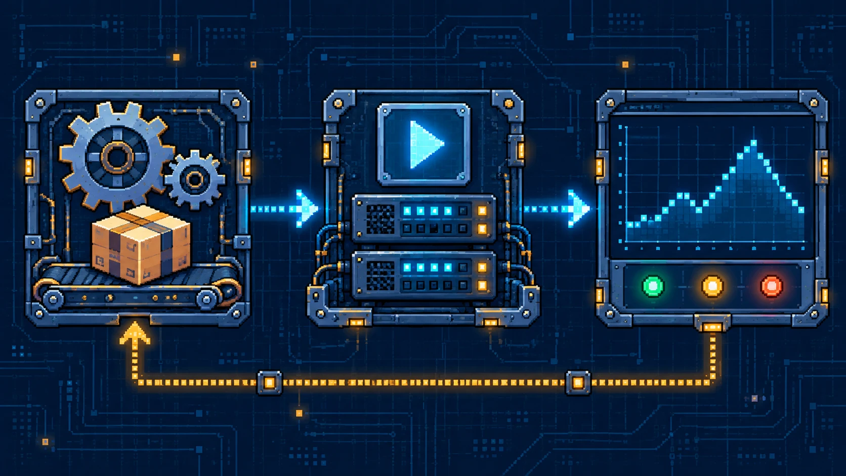 Platform diagram: build, run, and observe stages form a pipeline, with monitoring feedback returning to the build stage.