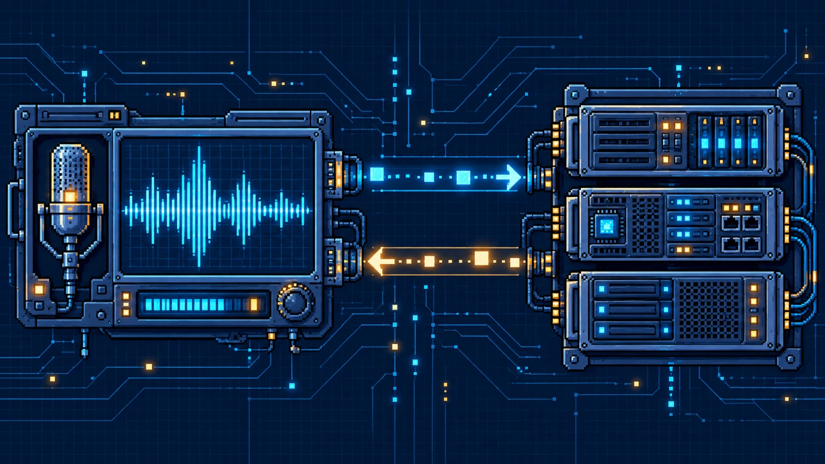 Voice diagram: an audio waveform and a server platform exchange signals in both directions.