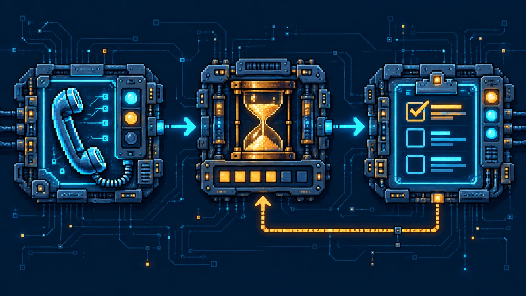 Workflow diagram: a call passes to a waiting timer and then review, with a recovery path back to the waiting stage.
